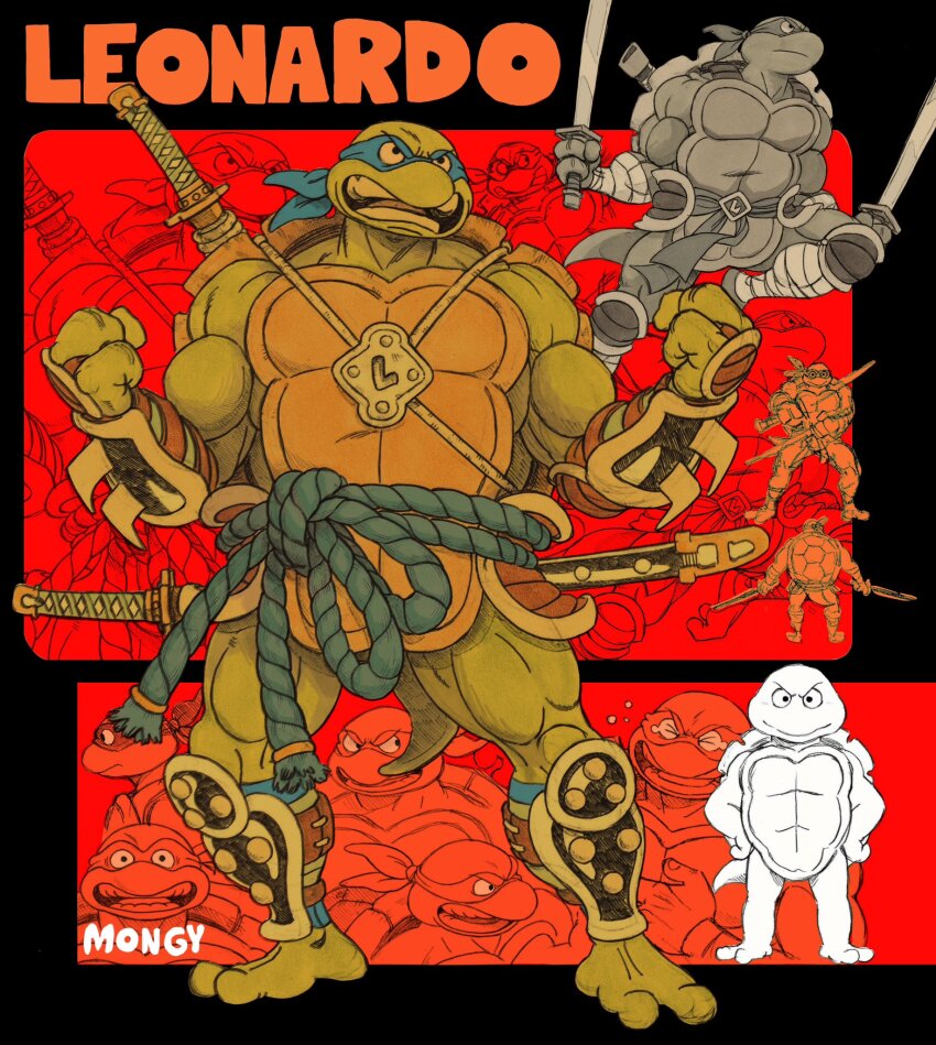 &gt;_&lt; 1boy arm_blade arm_guards aten_man barefoot blue_mask character_name clenched_hands colored_skin dual_wielding eye_mask fewer_digits frown full_body green_skin highres holding holding_sword holding_weapon katana leonardo_(tmnt) male_focus multiple_views muscular muscular_male ninja open_mouth red_background redesign shin_guards single_letter smile sword tail teenage_mutant_ninja_turtles turtle_boy turtle_shell v-shaped_eyebrows weapon