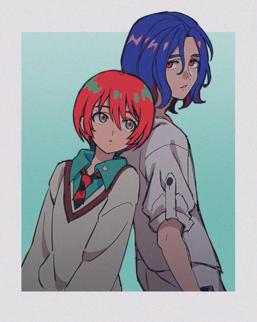 1boy 1girl amate_yuzuriha aqua_eyes back-to-back bilingual_commentary blue_background blue_hair border collared_shirt colored_inner_hair commentary gradient_background gundam gundam_gquuuuuux highres korean_commentary looking_back lower_eyelashes_only mixed-language_commentary multicolored_hair necktie open_mouth purple_hair red_eyes red_hair school_uniform shirt short_hair shuji_ito simple_background sweater two-tone_hair white_border white_shirt yy0880yy