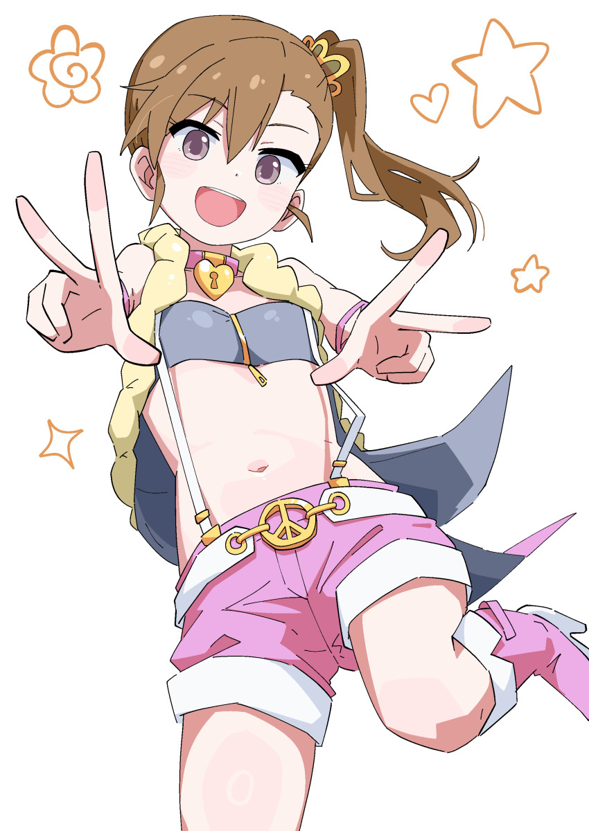 1girl :d absurdres blush boots brown_hair choker commentary double_v flat_chest futami_mami heart high_heel_boots high_heels highres idolmaster leg_up looking_at_viewer luxury_(idolmaster) navel ohgi910 open_mouth outstretched_arms pink_boots pink_diamond_765_(idolmaster) pink_shorts short_hair shorts side_ponytail smile solo sparkle standing standing_on_one_leg stomach suspender_shorts suspenders v white_background