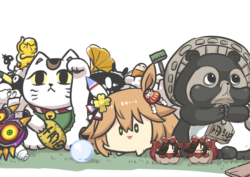 +_+ 3girls :3 :d absurdres black_hair broom brown_hair crystal_ball daruma_doll eyes_visible_through_hair failure_penguin flower gintama goma_(gomasamune) grass hair_flower hair_ornament hair_over_one_eye highres justaway kantai_collection komainu maneki-neko matikanefukukitaru_(umamusume) miss_cloud multiple_girls nintendo open_mouth phonograph rice_shower_(umamusume) simple_background smile the_legend_of_zelda the_legend_of_zelda:_majora&#039;s_mask umamusume white_background yellow_flower