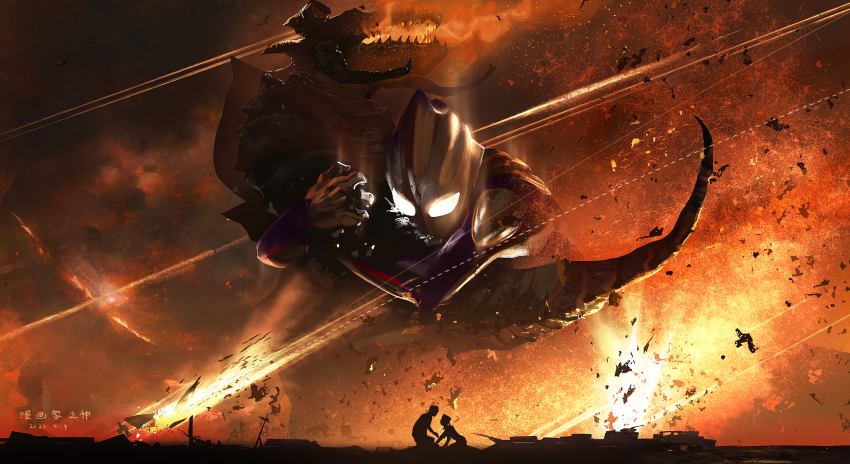 1girl 2boys alien breath_weapon breathing_fire character_request chinese_commentary commentary compound_eyes dated debris dorsal_fin explosion fighting fire forehead_jewel glowing glowing_eyes highres male_focus manhuajiazhishen monster multiple_boys signature size_difference sparks tackle tokusatsu ultra_series ultraman_tiga ultraman_tiga_(multi_type) ultraman_tiga_(series) white_eyes yazumi_jun