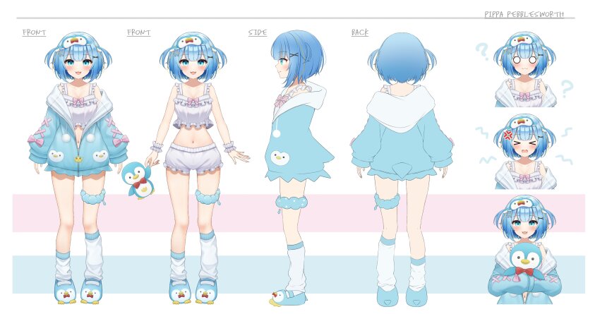 &gt;_&lt; 1girl ? absurdres anger_vein animal_slippers blank_eyes blue_eyes blue_hair blue_jacket blue_scrunchie blue_slippers blush bow bowtie breasts character_name globie highres holding holding_stuffed_toy jacket mask mask_on_head midriff multiple_views navel open_mouth partially_unzipped pink_bow pippa_pebblesworth pom_pom_(clothes) red_bow red_bowtie scrunchie second-party_source short_hair sleep_mask slippers socks stuffed_animal stuffed_penguin stuffed_toy thigh_scrunchie two_side_up virtual_youtuber white_socks yukiunag1