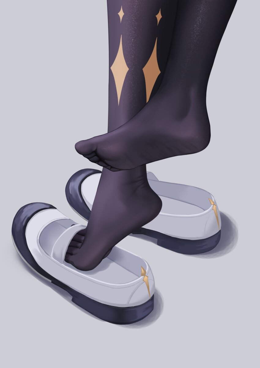 1girl commentary crossed_ankles feet feet_only foot_focus grey_background highres manhattan_cafe_(umamusume) no_shoes pantyhose philo_324 purple_pantyhose removing_shoes shadow shoes simple_background soles solo toes umamusume unworn_shoes