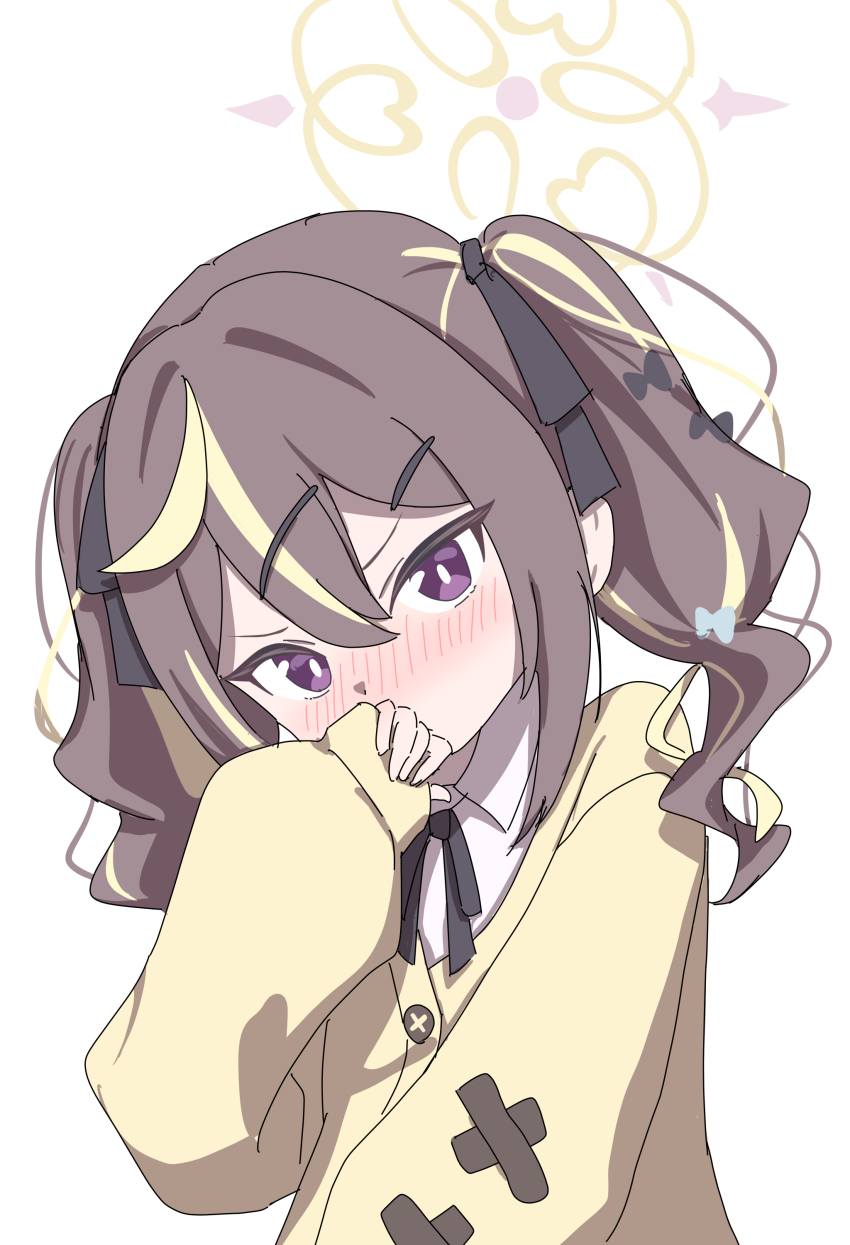 1girl absurdres black_bow black_ribbon blonde_hair blue_archive blush bow brown_hair collared_shirt covering_own_mouth embarrassed hair_between_eyes hair_bow hair_ornament hair_ribbon hairpin halo hand_over_own_mouth head_tilt highres jacket looking_at_viewer medium_hair multicolored_hair neck_ribbon nyan_(float_495) purple_eyes rena_(blue_archive) ribbon shirt sidelocks sleeves_past_wrists solo streaked_hair twintails upper_body v-shaped_eyebrows white_shirt yellow_halo yellow_jacket