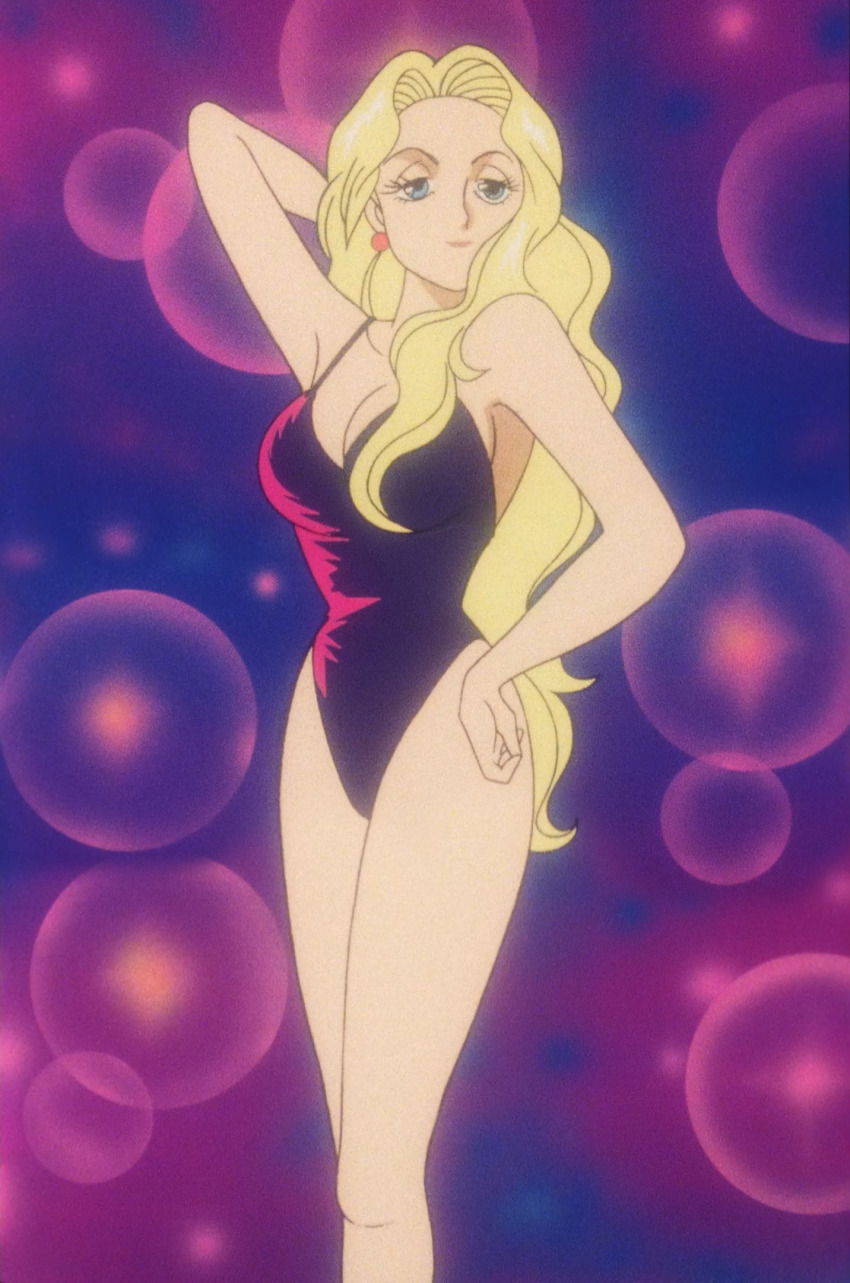 1girl bare_legs black_one-piece_swimsuit breasts cleavage earrings highres jewelry large_breasts long_hair looking_to_the_side marilyn_(red_baron) one-piece_swimsuit red_baron_(anime) screencap seductive_smile smile standing swimsuit third-party_edit very_long_hair