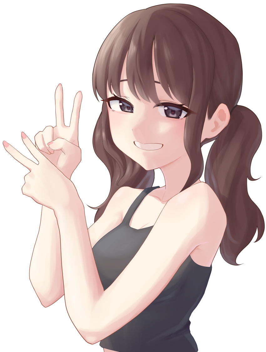 1girl absurdres baksangmin bare_arms bare_shoulders black_tank_top breasts brown_hair double_v from_side grey_eyes hands_up highres long_hair looking_at_viewer looking_to_the_side low_twintails medium_breasts original sidelocks simple_background smile solo swept_bangs tank_top twintails upper_body v white_background