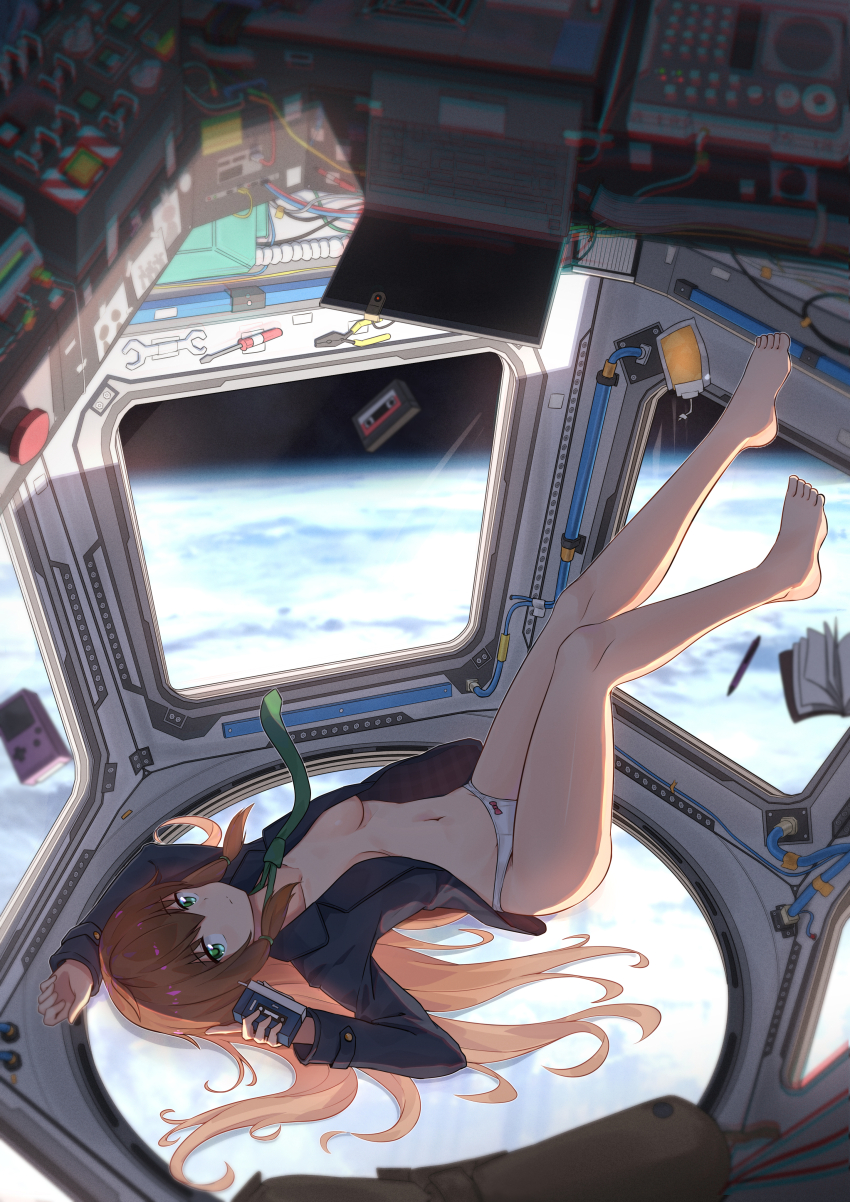 1girl absurdres barefoot blurry book bow bow_panties breasts cable cassette_tape center_opening cleavage collarbone commentary depth_of_field double_sided_wrench english_commentary feet full_body green_eyes green_necktie grey_shirt handheld_game_console highres holding long_hair looking_at_viewer navel necktie no_bra onejio open_book open_clothes open_shirt original panties pen planet pliers red_hair screwdriver shirt solo space space_station toes underwear white_panties winding_key window wrench zero_gravity