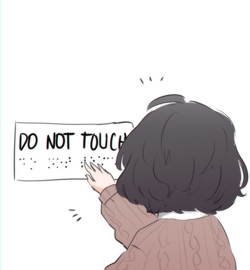 1girl ^^^ absurdres ahoge black_hair sophie_(popopoka) braille brown_sweater commentary english_text from_behind hand_up highres neqo_(neneneqo) original outstretched_hand sign simple_background solo sweater symbol-only_commentary upper_body white_background