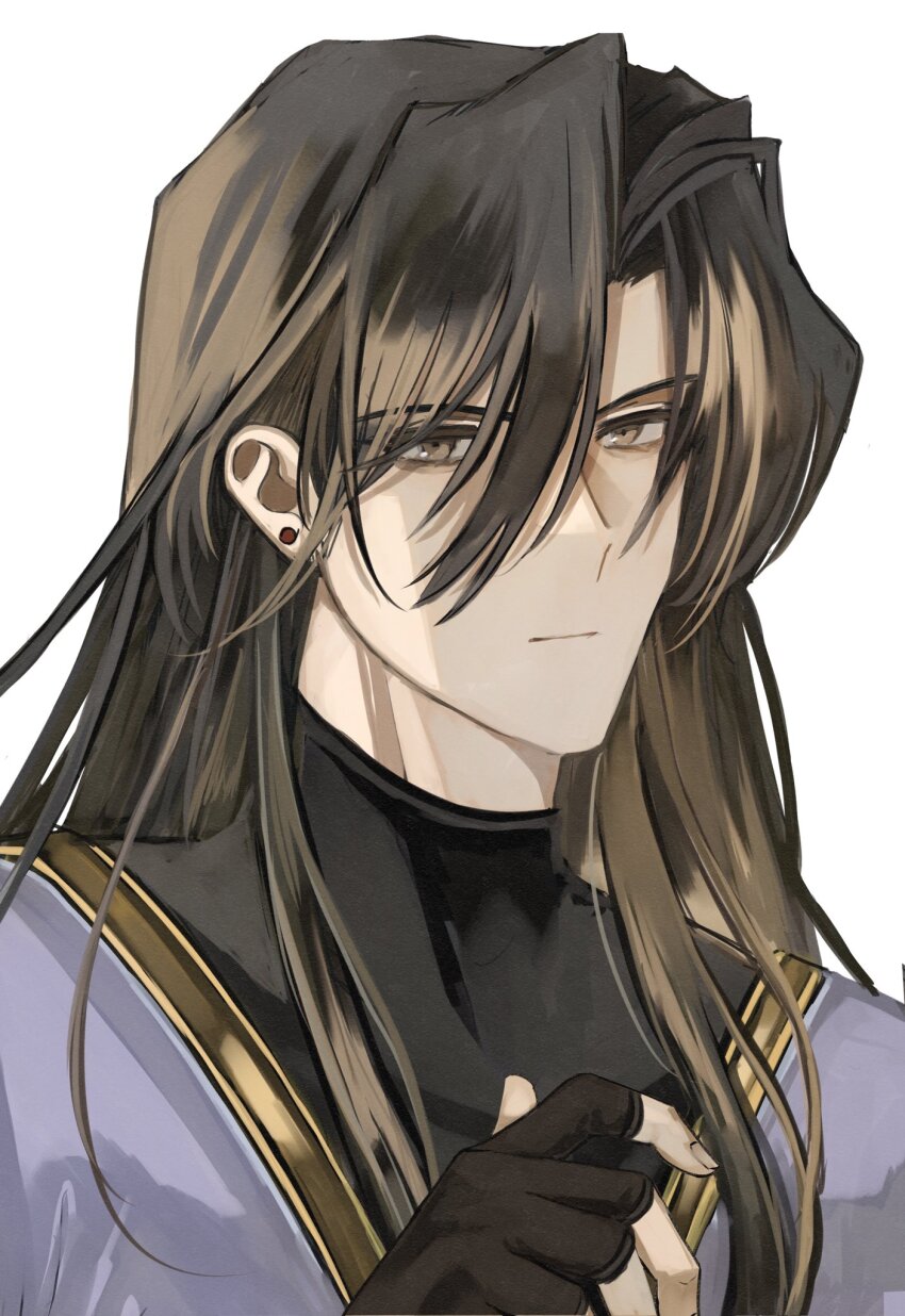 1boy black_gloves black_hair brown_eyes closed_mouth fingerless_gloves fire_emblem fire_emblem:_genealogy_of_the_holy_war gloves hair_between_eyes highres long_hair looking_at_viewer male_focus nintendo omlililimo shannan_(fire_emblem) simple_background solo upper_body white_background