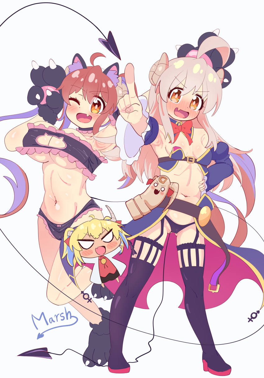 3girls :d ;d absurdres ahoge animal_hands armpits arms_up bare_shoulders black_bra black_choker black_footwear black_panties blonde_hair blush blush_stickers boots bow bowtie bra breasts bright_pupils brown_eyes brown_hair cameltoe cat_cutout cat_lingerie chibi chibi_inset choker cleavage cleavage_cutout clothing_cutout commentary_request cosplay costume_switch crisis_management_form_(machikado_mazoku) crossover curled_horns curvy dark-skinned_female dark_skin demon_girl demon_horns demon_tail detached_collar detached_sleeves embarrassed eyelashes eyes_visible_through_hair fang foreshortening frilled_bra frilled_choker frilled_panties frills full-face_blush full_body genderp genderswap genderswap_(mtf) gloves gluteal_fold groin hair_between_eyes hand_on_own_hip happy highres horns index_finger_raised juliet_sleeves large_breasts light_brown_hair lilith_(machikado_mazoku) lilith_(machikado_mazoku)_(cosplay) long_hair long_sleeves looking_at_viewer machikado_mazoku marsh753315 meme_attire midriff multiple_girls navel nose_blush o_o one_eye_closed onii-chan_wa_oshimai! open_mouth outstretched_arm outstretched_arms oyama_mahiro oyama_mahiro_(cosplay) oyama_mihari oyama_mihari_(cosplay) panties paw_gloves pointing pointing_at_viewer puffy_sleeves red_bow red_bowtie sidelocks signature simple_background skin_fang small_breasts smile standing standing_on_one_leg tail tareme thigh_boots twintails underwear v-shaped_eyebrows very_long_hair white_background yoshida_yuuko_(machikado_mazoku) yoshida_yuuko_(machikado_mazoku)_(cosplay)