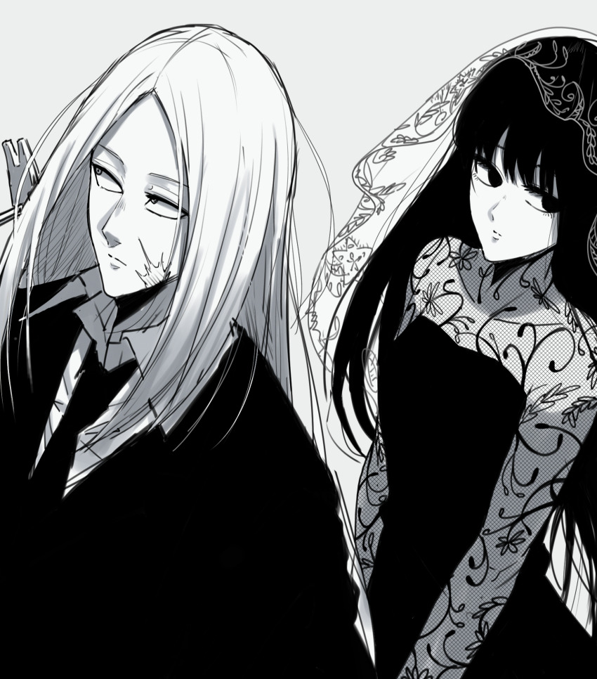 1boy 1girl black_dress black_eyes black_hair black_necktie black_suit breasts dress facial_scar fishnet_sleeves fishnets formal_clothes greyscale hammer highres long_hair monochrome necktie osaragi_(sakamoto_days) sakamoto_days scar scar_on_cheek scar_on_face see-through_clothes see-through_sleeves shishiba_(sakamoto_days) shishiruto simple_background small_breasts standing suit veil very_long_hair white_background