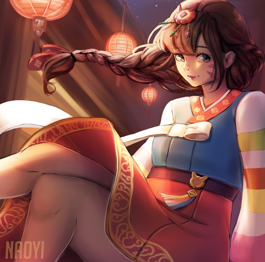1girl alternate_hairstyle architecture artist_name braid breasts brown_eyes brown_hair chinese_lantern d.va_(overwatch) east_asian_architecture eyelashes facial_mark female_focus hair_ornament hair_ribbon hanbok highres knees_together_feet_apart korean_clothes lantern lips long_hair long_sleeves looking_at_viewer naoyi official_alternate_costume overwatch overwatch_1 palanquin_d.va paper_lantern pink_skirt rabbit_hair_ornament ribbon signature skirt small_breasts solo striped_sleeves tassel traditional_clothes whisker_markings