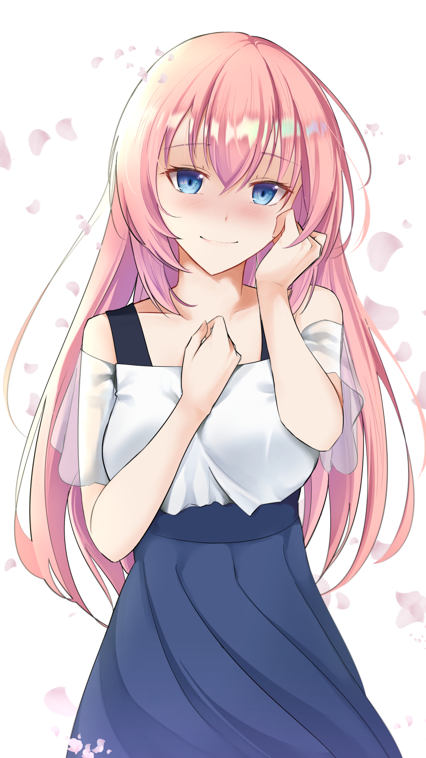 absurdres bare_shoulders blue_dress blue_eyes blush dress eiji-kun highres ichinose_honami_(youjitsu) petals pink_hair simple_background smile white_background youkoso_jitsuryoku_shijou_shugi_no_kyoushitsu_e