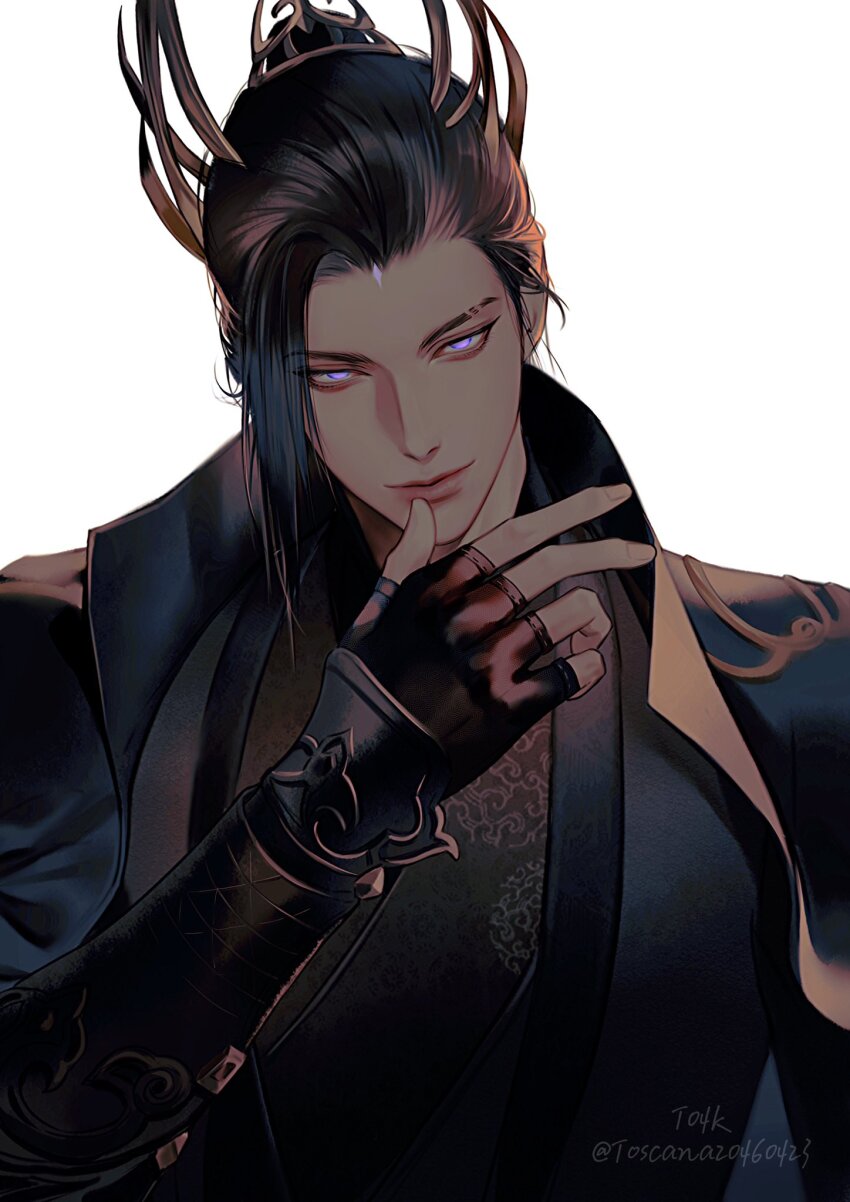 1boy arm_armor artist_name black_hair black_jacket character_request chinese_clothes closed_mouth fingerless_gloves forehead_jewel gloves hair_ornament highres jacket lips looking_at_viewer male_focus medium_hair nishui_han purple_eyes simple_background single_sidelock solo toscana20460423 twitter_username upper_body white_background