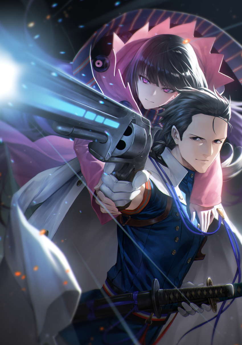 1boy 1girl belt black_eyes black_hair blue_shirt blunt_bangs fate/grand_order fate_(series) firing gloves gun hair_slicked_back highres holding holding_gun holding_weapon jacket katana long_hair looking_at_viewer low_ponytail mugetsu2501 open_clothes open_jacket oryou_(fate) oryou_(lancer)_(fate) pink_eyes ponytail sakamoto_ryouma_(fate) sakamoto_ryouma_(lancer)_(fate) scarf shirt smile sword upper_body weapon white_gloves