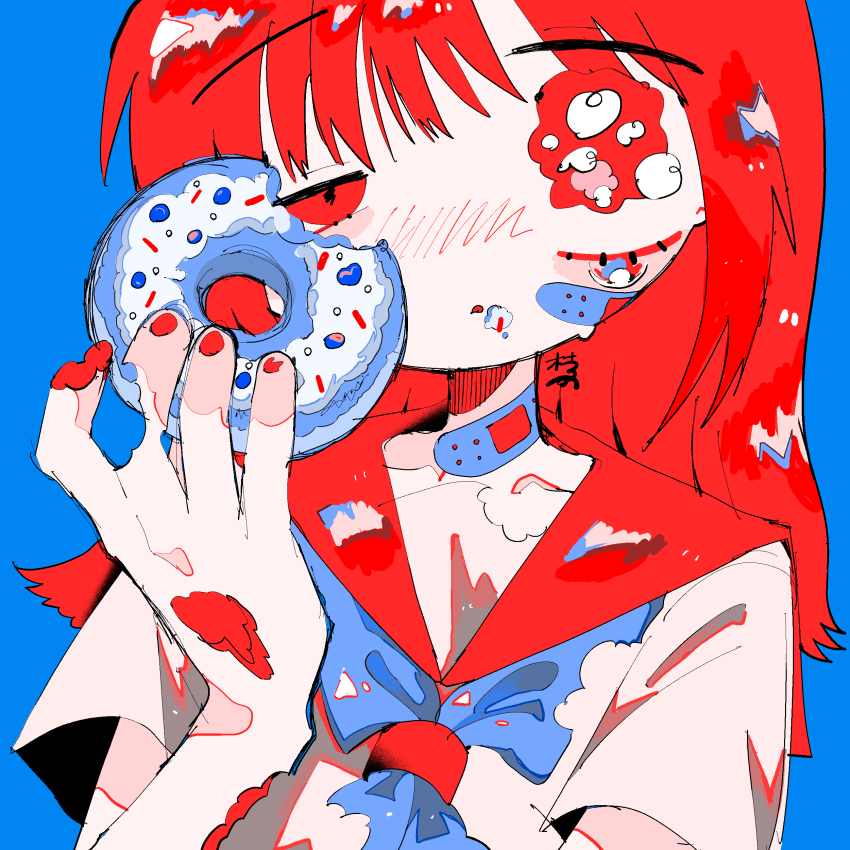 1girl absurdres bandaid bandaid_on_cheek bandaid_on_face bandaid_on_neck blue_background blue_neckerchief cannibalism donut edanoma_meu food food_bite hand_up highres holding holding_donut holding_food neckerchief original red_eyes red_hair red_nails red_sailor_collar sailor_collar self-cannibalism shirt short_sleeves solo upper_body white_shirt