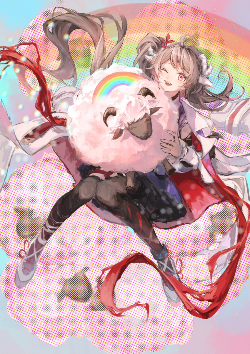 0099102419 1girl ;d absurdres ahoge animal animal_ears arknights black_thighhighs eyjafjalla_(arknights) eyjafjalla_the_hvit_aska_(arknights) flower hair_flower hair_ornament highres holding holding_animal holding_sheep horns jacket jacket_on_shoulders long_hair long_sleeves looking_at_viewer official_alternate_costume one_eye_closed open_mouth procreate_(medium) purple_shirt rainbow red_ribbon ribbon sheep_ears sheep_girl sheep_horns shirt smile solo teeth thighhighs upper_teeth_only very_long_hair white_jacket