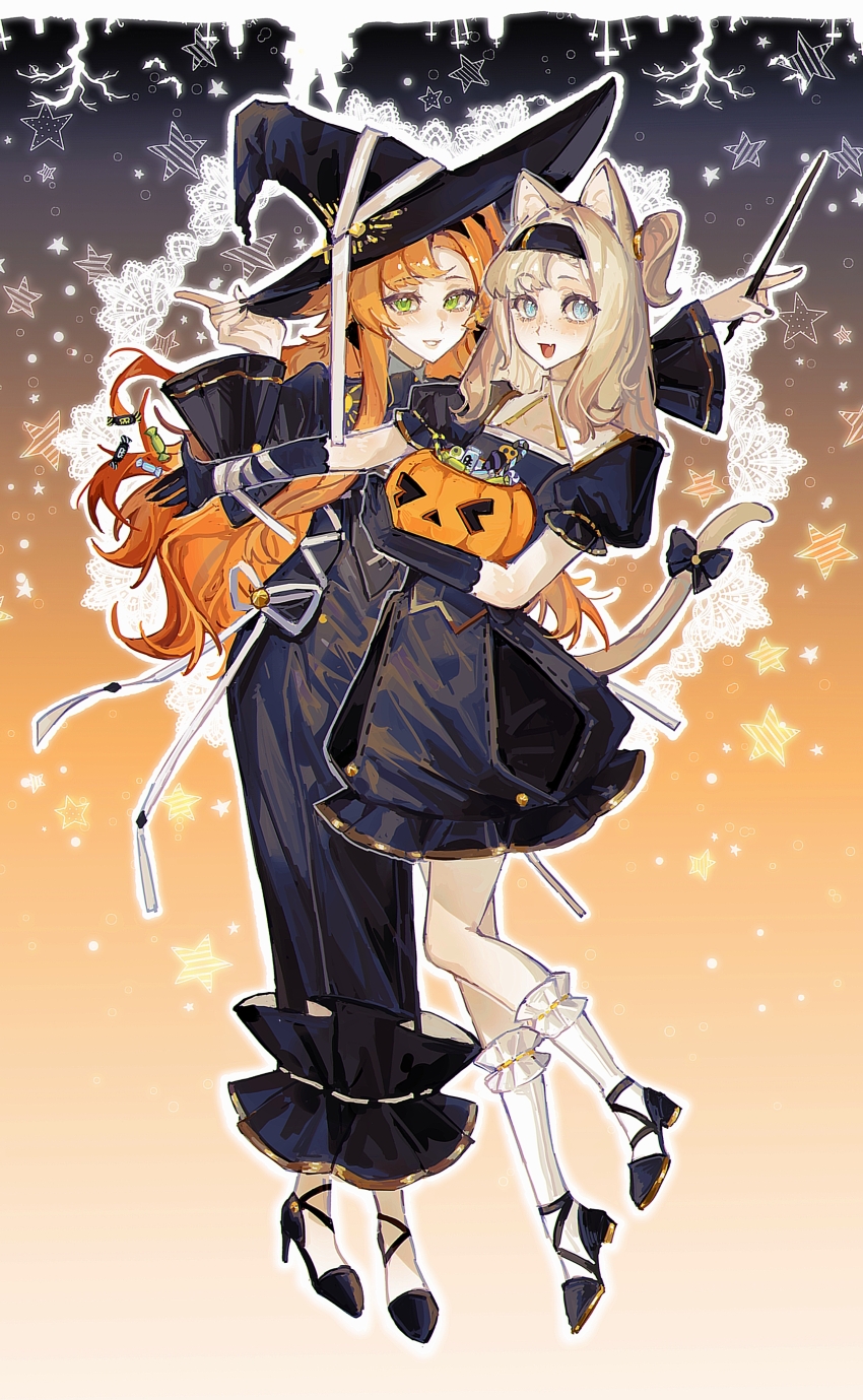 2girls :d absurdres animal_ears black_bow black_dress black_footwear black_gloves black_hairband black_hat black_nails blue_eyes bow candy cat_ears cat_tail dress food freckles frilled_socks frills full_body gloves gradient_background green_eyes grey_hair grey_tail grin hairband halloween halloween_bucket halloween_costume hands_up hat high_heels highres holding holding_pumpkin holding_wand kemonomimi_mode long_dress long_hair long_sleeves looking_at_viewer matilda_bouanich medium_hair multiple_girls one_side_up open_mouth orange_background orange_hair outstretched_arm pencil_dress puffy_short_sleeves puffy_sleeves pumpkin purple_background reverse:1999 sangyu-feiwan short_dress short_sleeves smile socks sonetto_(reverse:1999) standing standing_on_one_leg star_(symbol) star_symbol_background tail tail_bow tail_ornament two-tone_background wand white_socks witch_hat