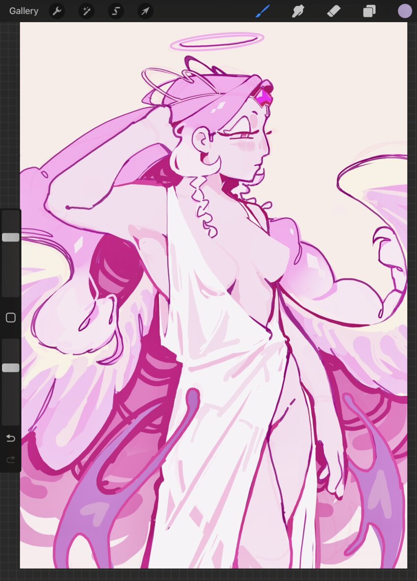 1girl angel angel_wings breasts colored_skin cookie_run cookie_run:_kingdom demon_girl demon_wings dress eternal_sugar_cookie groin highres lizagne long_hair pink_eyes pink_hair pink_skin see-through_clothes see-through_dress small_breasts solo very_long_hair white_dress wings