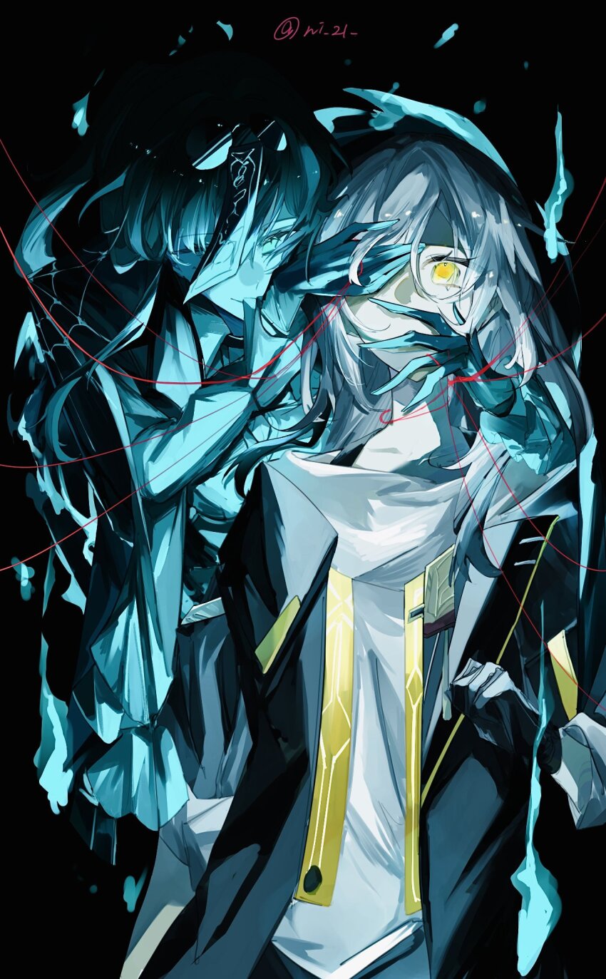 2girls black_background black_jacket commentary covering_another&#039;s_eye covering_another&#039;s_mouth eyewear_on_head grey_hair hands_on_another&#039;s_face hashtag-only_commentary highres honkai:_star_rail honkai_(series) jacket kafka_(honkai:_star_rail) long_hair multiple_girls ofuda ofuda_on_head one_eye_covered shirt stelle_(honkai:_star_rail) trailblazer_(honkai:_star_rail) tugu_pi twitter_username white_shirt yellow_eyes