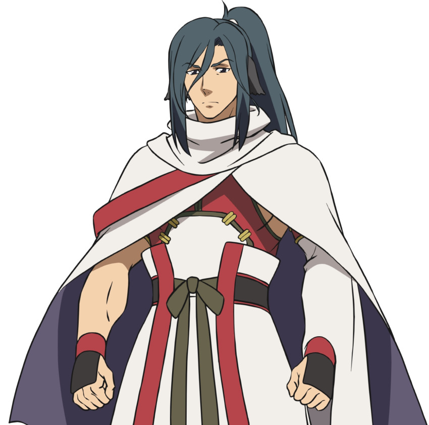 1boy animal_ears aquaplus black_eyes blue_hair cape closed_mouth cowboy_shot hair_between_eyes high_ponytail highres jachdwalt long_hair muscular muscular_male nakata_masahiko nose official_art ponytail sidelocks solo transparent_background utawarerumono utawarerumono:_futari_no_hakuoro utawarerumono:_itsuwari_no_kamen very_long_hair white_fox_(company)