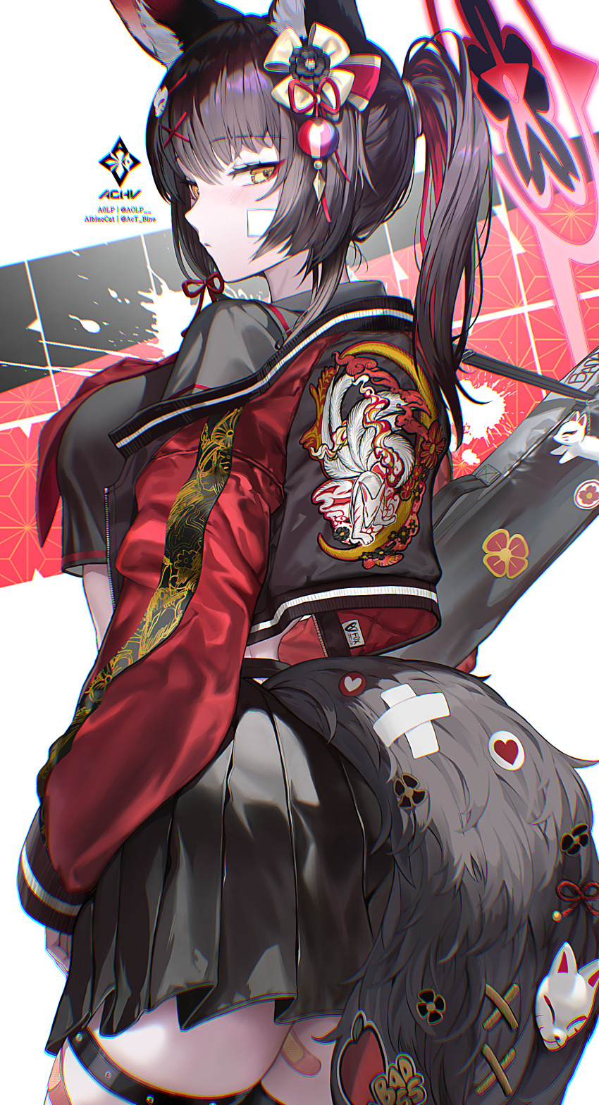 1girl a0lp absurdres animal_ear_fluff animal_ears artist_logo artist_name ass bandaid bandaid_on_cheek bandaid_on_face bandaid_on_tail bandaid_on_thigh black_hair black_shirt black_skirt black_tail blue_archive blush chromatic_aberration closed_mouth commentary cowboy_shot crop_top cropped_jacket cropped_shirt crossed_bandaids english_commentary expressionless hair_ornament halo highres jacket logo long_sleeves looking_at_viewer medium_hair miniskirt multicolored_hair pink_halo pleated_skirt ponytail profile red_hair red_jacket shirt skirt solo standing streaked_hair tail thigh_strap wakamo_(blue_archive) x_hair_ornament yellow_eyes