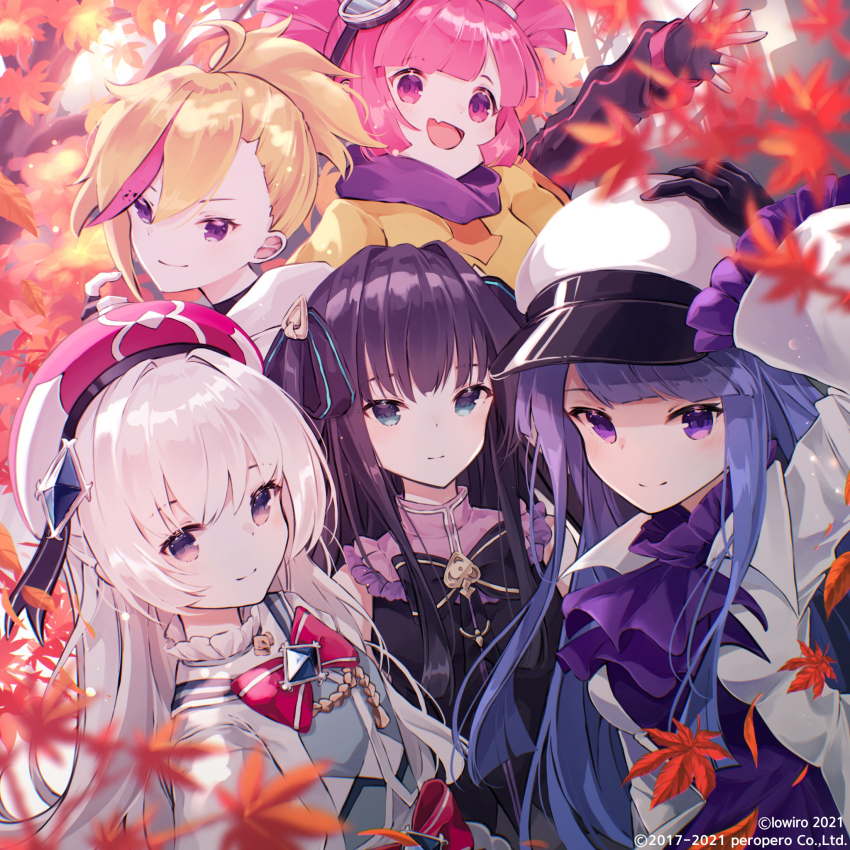 5girls :d ahoge arcaea ascot asymmetrical_bangs autumn_leaves bare_shoulders beret black_bow black_bowtie black_dress black_gloves black_hair black_ribbon blonde_hair blue_eyes blue_gemstone blue_hair blunt_bangs blunt_ends bow bowtie breasts buro_(muse_dash) closed_mouth commentary_request copyright_name crossover day dress falling_leaves fang fingerless_gloves frilled_sleeves frills gem gloves goggles goggles_on_head hair_between_eyes hair_intakes hair_ribbon hand_on_headwear hat highres hikari_(arcaea) jacket layered_sleeves leaf long_hair long_sleeves looking_at_viewer maple_leaf marija_(muse_dash) medium_breasts miyu_(miy_u1308) multicolored_hair multiple_girls muse_dash official_art open_clothes open_jacket open_mouth outdoors peaked_cap pink_eyes pink_hair ponytail purple_ascot purple_eyes purple_scarf red_bow red_bowtie red_hat ribbon rin_(muse_dash) scarf shirt short_over_long_sleeves short_sleeves skin_fang sleeveless sleeveless_dress smile streaked_hair swept_bangs tairitsu_(arcaea) white_hair white_hat white_jacket yellow_shirt