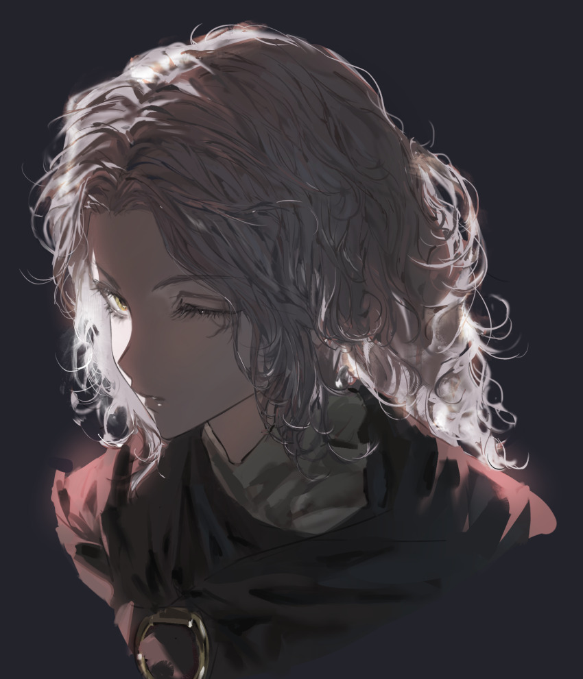 1girl black_background black_cape brown_hair cape commentary elden_ring english_commentary facial_tattoo fhillia_lili highres looking_at_viewer melina_(elden_ring) one_eye_closed parted_lips short_hair simple_background solo tattoo wavy_hair yellow_eyes