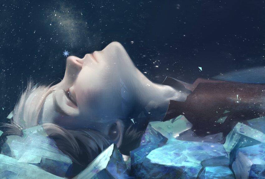 1boy bishounen black_shirt closed_mouth eyelashes grey_eyes highres ice jack_frost_(rise_of_the_guardians) looking_up lying male_focus night night_sky on_back rise_of_the_guardians shirt short_hair sky snowflakes solo star_(sky) tobu_(bilibil) white_hair winter