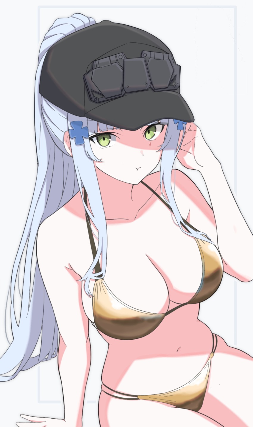 1girl absurdres alternate_costume baseball_cap bikini black_hat blue_hair breasts cleavage closed_mouth collarbone commentary_request girls&#039;_frontline girls&#039;_frontline_2:_exilium gold_bikini golden_week golden_week_bikini green_eyes grey_background hand_up hat highres hk416_(girls&#039;_frontline) klukai_(girls&#039;_frontline_2) long_hair looking_at_viewer navel ponytail pout sidelocks simple_background sitting solo stomach swimsuit tattoo teardrop_facial_mark teardrop_tattoo uchikata_takeaki