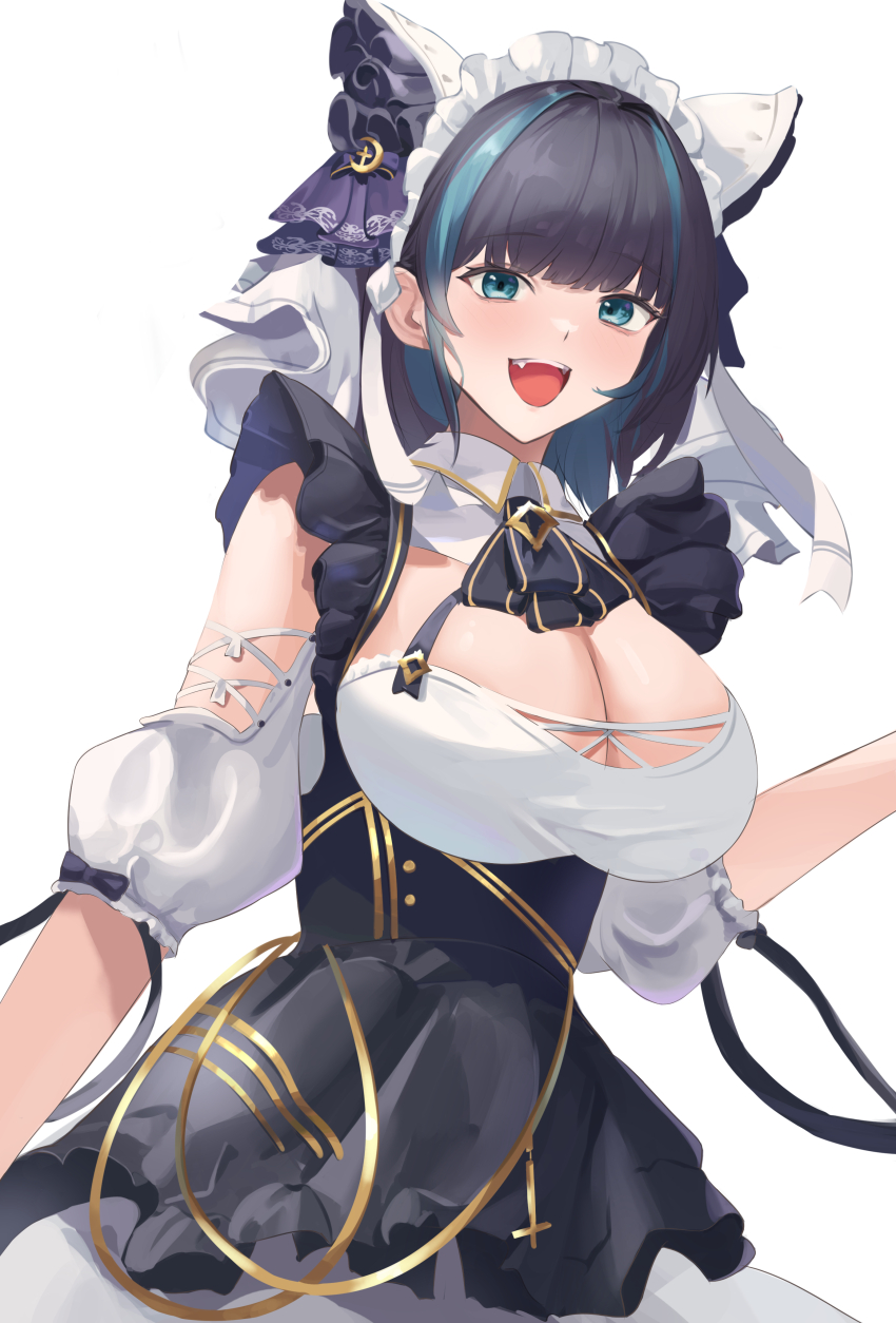 1girl absurdres animal_ears apron azur_lane blue_eyes blue_hair breasts cheshire_(azur_lane) cleavage detached_sleeves dress fake_animal_ears fang framed_breasts frilled_hairband frills gold_trim hairband highres large_breasts long_ribbon looking_at_viewer maid_headdress multicolored_hair open_mouth puffy_detached_sleeves puffy_sleeves purple_apron purple_hair remapack77 simple_background solo streaked_hair two-tone_hair upper_body white_background white_dress wrist_cuffs