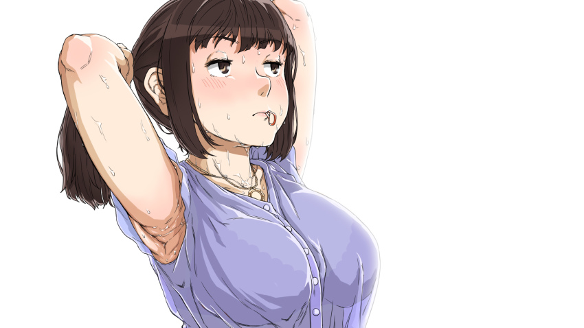 1girl armpits arms_behind_back arms_up blush bra breasts brown_eyes brown_hair buttons collarbone eyelashes hair_tie hairband highres hot in_mouth jewelry looking_away medium_breasts necklace original ponytail purple_shirt see-through_clothes shirt sidelocks simple_background sleeveless sweat tying_hair underwear upper_body ushio_(tanatana) white_background