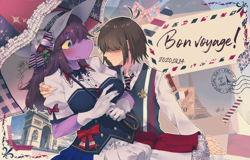 1girl 1other 2020 absurdres alternate_breast_size_(larger) alternate_costume antenna_hair baguette black_vest blue_bow blue_bowtie blue_corset blue_necktie blue_umbrella blush bow bowtie bread breasts brown_hair buttons center_frills closed_mouth collared_shirt colored_sclera colored_skin commentary_request corset covered_eyes dated deltarune diagonal-striped_bow diagonal-striped_clothes diagonal-striped_necktie double-breasted eiffel_tower face-to-face facing_another flag_print flower food freckles french_flag french_flag_print frills frown furry furry_female furry_with_non-furry gloves gold_buttons hair_over_eyes hand_on_another&#039;s_shoulder hat hat_bow hat_flower highres holding holding_umbrella interspecies komugiko_(bitte_komu) kris_(deltarune) large_breasts leaf long_hair long_sleeves looking_at_another necktie other_with_female other_with_male outline petticoat pink_ribbon polka_dot polka_dot_ribbon puffy_long_sleeves puffy_short_sleeves puffy_sleeves purple_eyes purple_skin purple_sky red_bow red_umbrella reptile_girl ribbon shirt short_hair short_sleeves skirt sky sleeve_bow smile striped_bow striped_clothes striped_skirt susie_(deltarune) umbrella upper_body utdr_(toby_fox) vest white_bow white_flower white_gloves white_hat white_outline white_shirt yellow_sclera