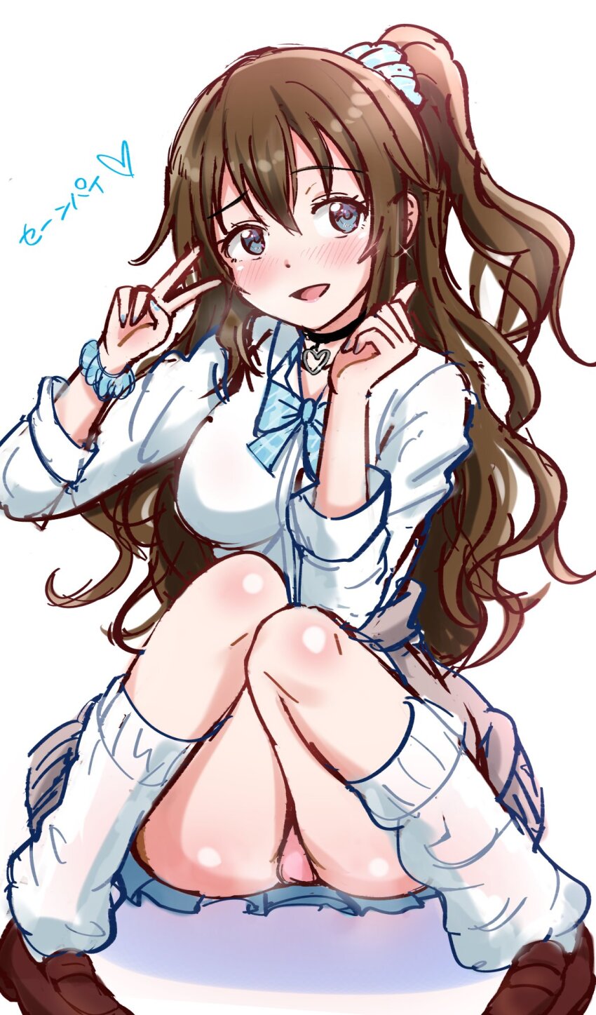 1girl :d averting_eyes blue_scrunchie blue_skirt blush breasts brown_shoes cardigan cardigan_around_waist ckst clothes_around_waist collared_shirt commentary_request dress_shirt embarrassed full_body grey_cardigan gyaru hair_ornament hair_scrunchie highres knees_together_feet_apart kogal loafers looking_to_the_side love_live! love_live!_nijigasaki_high_school_idol_club medium_breasts miniskirt nose_blush official_alternate_costume one_side_up open_mouth osaka_shizuku panties pantyshot pink_panties pleated_skirt scrunchie shirt shoes sideways_glance simple_background sketch skirt smile solo squatting three-quarter_sleeves underwear v white_background white_shirt wrist_scrunchie