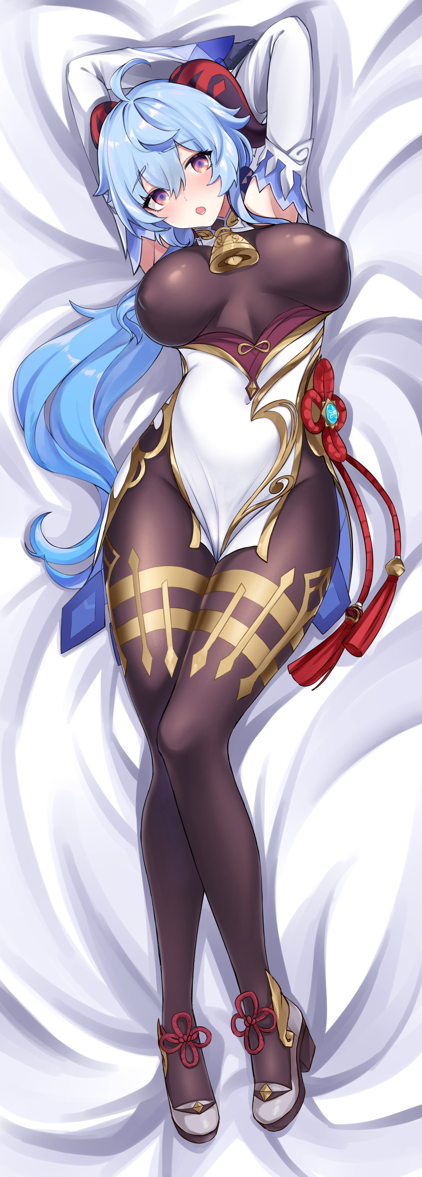 1girl absurdres ahoge azumane_kanna bare_shoulders bed bell black_pantyhose blue_hair blush breasts chinese_knot covered_erect_nipples dakimakura_(medium) detached_sleeves full_body ganyu_(genshin_impact) genshin_impact gold_trim groin high_heels highres horns incredibly_absurdres jewelry large_breasts long_hair looking_at_viewer low_ponytail lying neck_bell on_back open_mouth pantyhose ponytail purple_eyes sidelocks solo tassel thighlet thighs vision_(genshin_impact) waist_cape white_sleeves