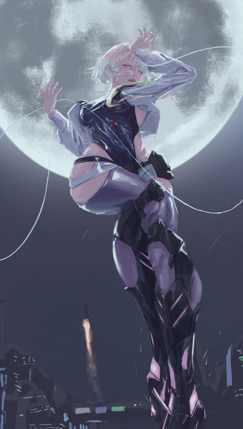 1girl absurdres armored_boots bare_shoulders black_leotard black_pantyhose boots breasts cyberpunk_(series) cyberpunk_edgerunners female_focus highres jacket jinj0121 leotard looking_at_viewer lucy_(cyberpunk) medium_breasts multicolored_hair pantyhose purple_eyes purple_hair short_hair solo string thigh_boots