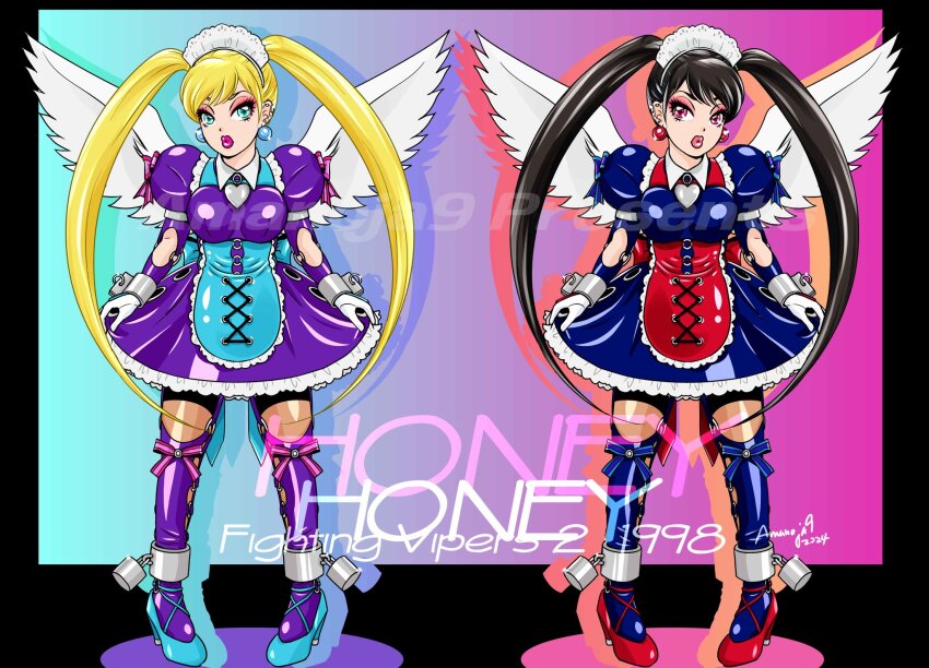 1998 2girls alternate_color amanoja9 black_hair blonde_hair blue_dress clone dress fighting_vipers fighting_vipers_2 hairband highres honey_(fighting_vipers) multiple_girls purple_dress sega tagme twintails