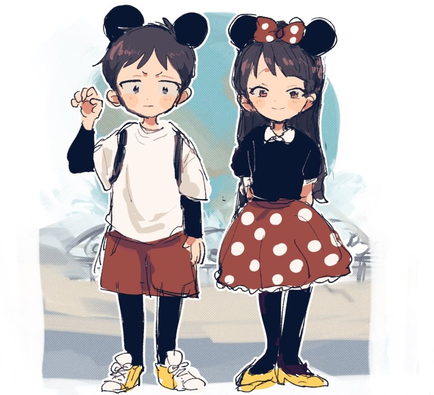 1boy 1girl animal_ears black_hair bow cosplay disney highres layered_skirt long_hair mickey_mouse mickey_mouse_&amp;_friends mickey_mouse_(cosplay) mickey_mouse_ears minnie_mouse minnie_mouse_(cosplay) minnie_mouse_ears mouse_ears nojiko_(natumag) polka_dot polka_dot_skirt short_hair shorts skirt smile south_park stan_marsh wendy_testaburger