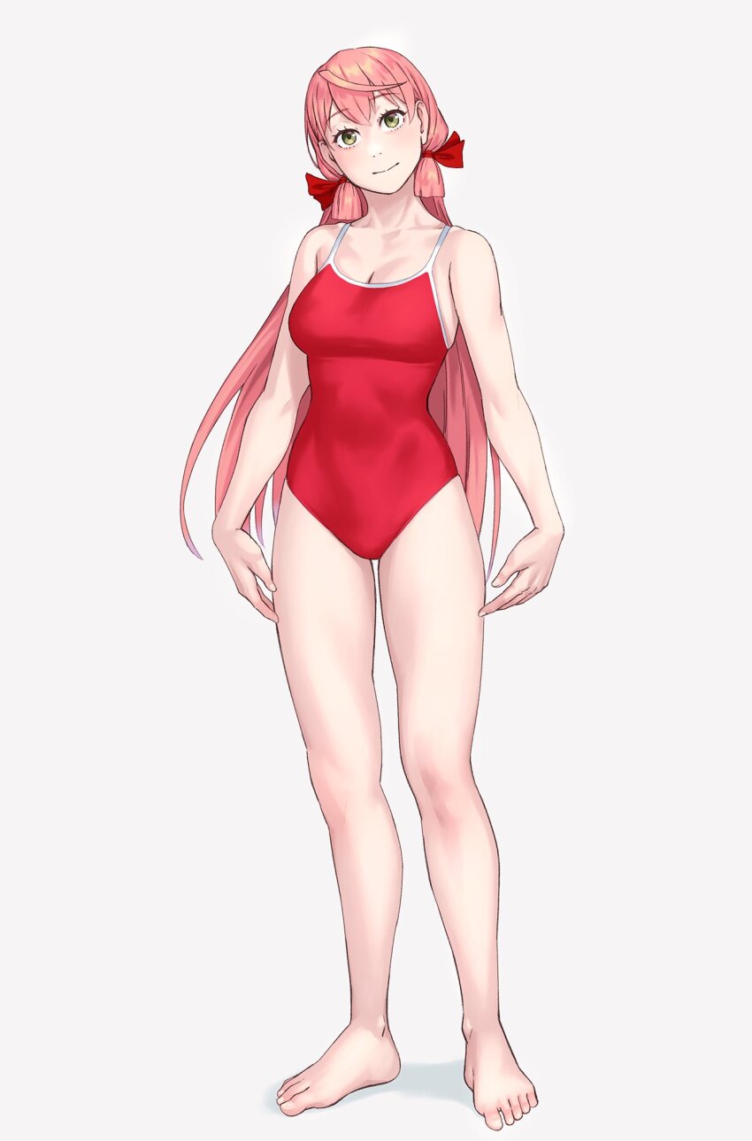1girl akashi_(kancolle) alternate_costume bare_arms bare_legs bare_shoulders barefoot blush breasts closed_mouth competition_school_swimsuit full_body green_eyes hair_ribbon highres kantai_collection large_breasts long_hair looking_at_viewer one-piece_swimsuit pink_hair red_one-piece_swimsuit ribbon school_swimsuit simple_background smile solo standing swimsuit tress_ribbon white_background yuuji_(and)