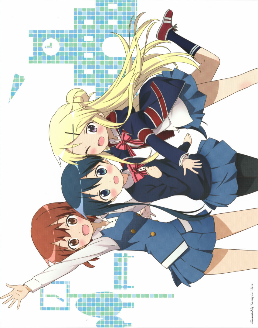 3girls :d absurdres arm_up artist_name black_pantyhose blonde_hair blue_eyes blue_hair blue_hoodie blue_skirt blue_socks blue_sweater blue_vest blush bow bowtie brown_eyes brown_hair buttons collared_shirt cowboy_shot double-breasted exif_rotation fang hair_bun hair_ornament hairclip highres hood hood_down hoodie inokuma_youko kin-iro_mosaic komichi_aya kujou_karen long_hair looking_at_viewer miniskirt moegi_high_school_uniform multiple_girls non-web_source official_art open_clothes open_hoodie open_mouth pantyhose pink_bow pink_bowtie pleated_skirt red_shoes scan school_uniform shirt shoes short_hair sidelocks single_hair_bun skirt smile socks standing striped_bow striped_bowtie striped_clothes sweater ueta_kazuyuki vest white_shirt winter_uniform x_hair_ornament