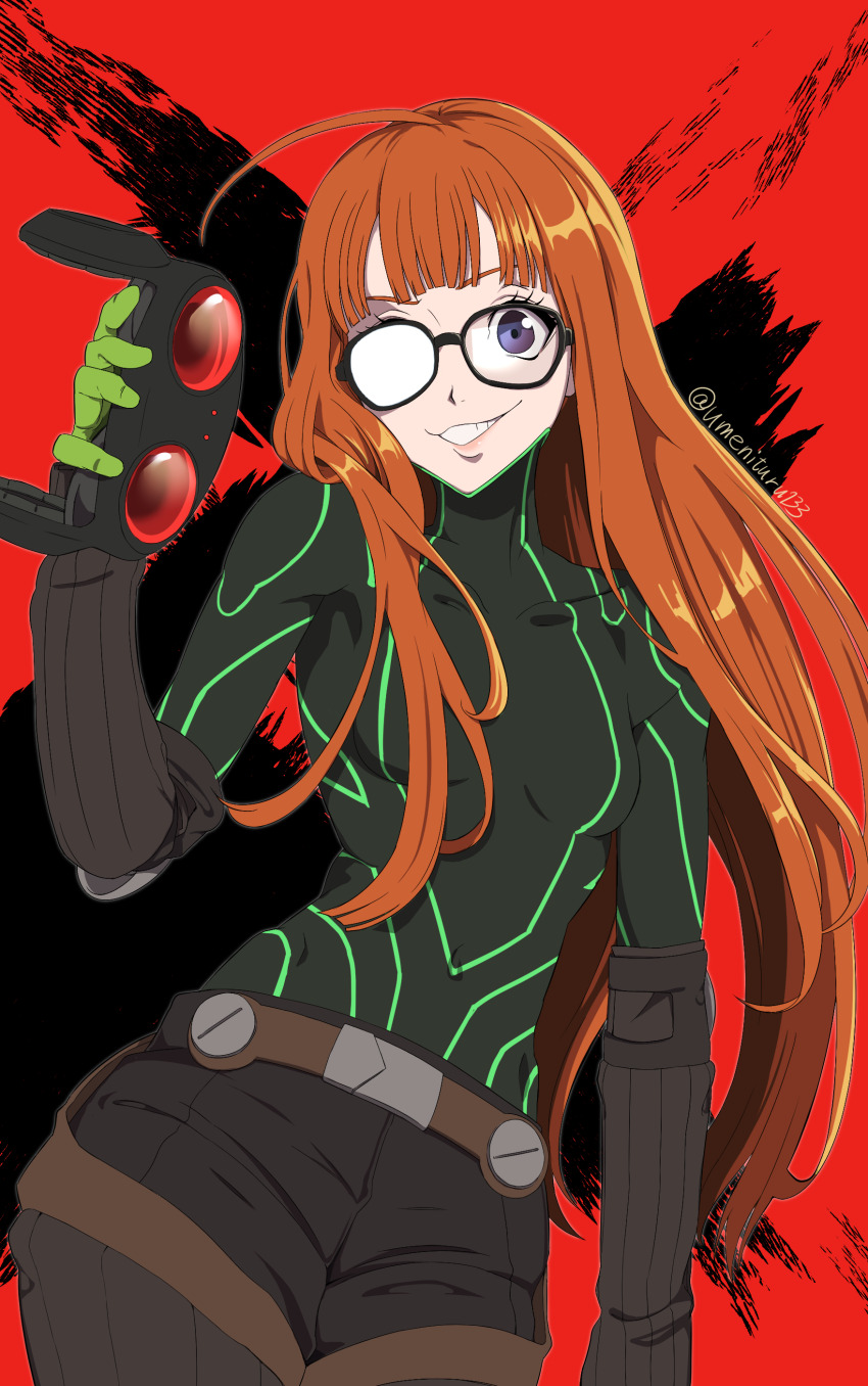 1girl absurdres ahoge black_bodysuit blunt_bangs bodysuit breasts covered_navel glasses goggles grin highres holding holding_goggles long_hair looking_at_viewer oracle_(persona_5) orange_hair persona persona_5 purple_eyes red_background sakura_futaba small_breasts smile solo teeth umenituru unworn_goggles very_long_hair