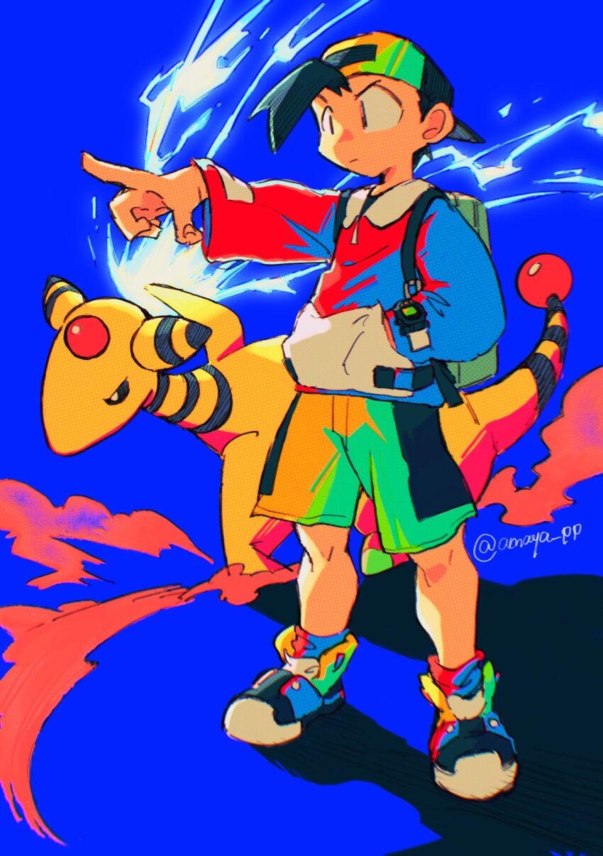 1boy amaya_uw ampharos backpack backwards_hat bag baseball_cap black_hair closed_mouth commentary_request electricity ethan_(pokemon) gen_2_pokemon hand_in_pocket hat highres hood hoodie long_sleeves male_focus nintendo pointing pokemon pokemon_(creature) pokemon_gsc poketch shoes shorts simple_background socks standing twitter_username watch wristwatch