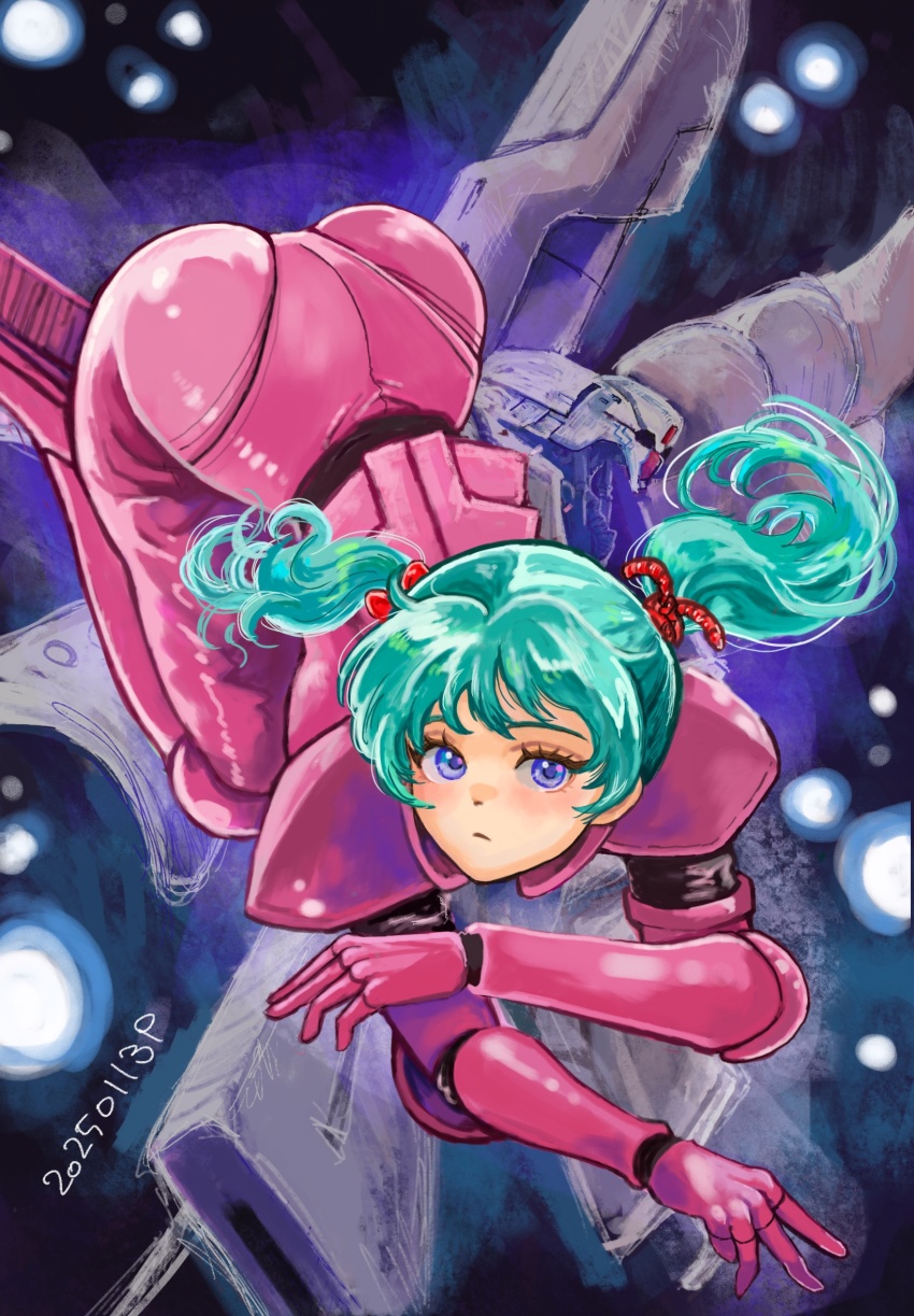 1girl aqua_hair ass blue_eyes char&#039;s_counterattack closed_mouth commentary dated eyelashes gundam highres light_blush looking_at_viewer mecha_pilot_suit okrdisk2000 quess_paraya solo twintails