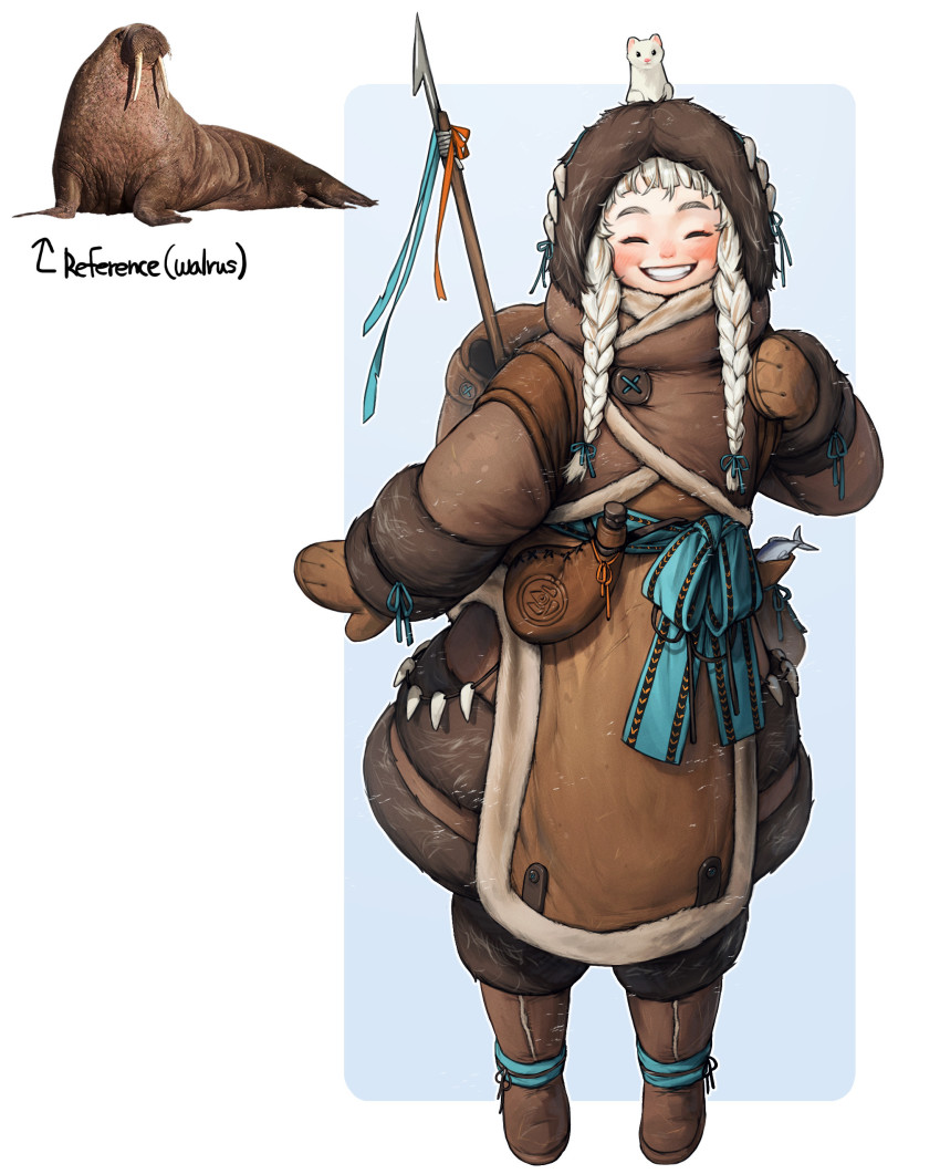 1girl absurdres animal animal_on_head blunt_bangs blush braid brown_coat brown_mittens closed_eyes coat fish full_body highres hood hood_up long_hair mittens on_head original parted_lips personification polearm rinotuna smile solo spear standing twin_braids walrus weapon white_hair