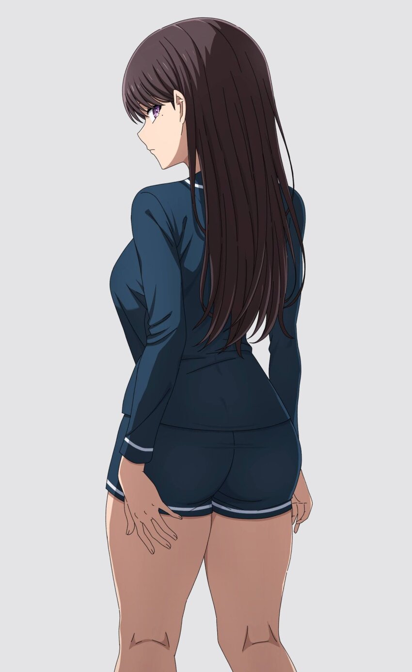 1girl ass bang_dream! bang_dream!_it&#039;s_mygo!!!!! black_hair blue_shirt blue_shorts closed_mouth commentary from_behind highres long_hair long_sleeves noshimurin pajamas purple_eyes shiina_taki shirt shorts simple_background solo white_background
