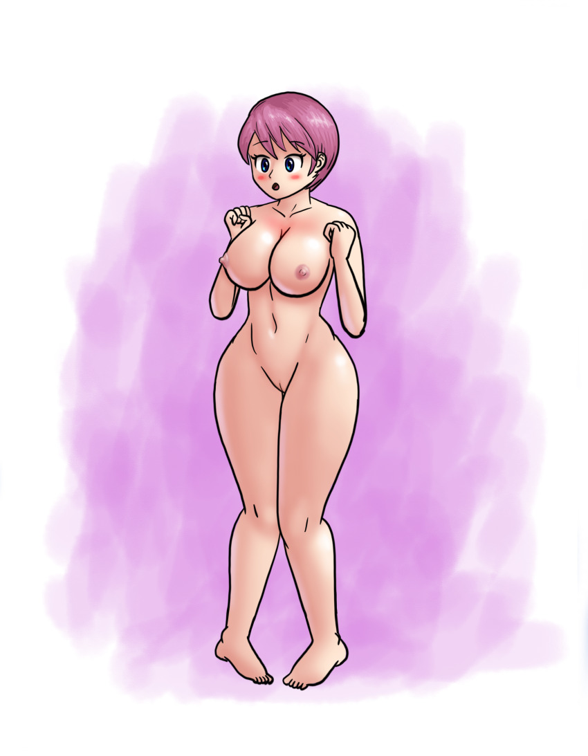 1girl absurdres arms_under_breasts barefoot blue_eyes blue_shorts breasts completely_nude female_focus full_body highres humanization kirby kirby_(series) large_breasts nintendo nude pink_hair saf-404 short_hair shorts solo_focus thick_thighs thighs white_background worried