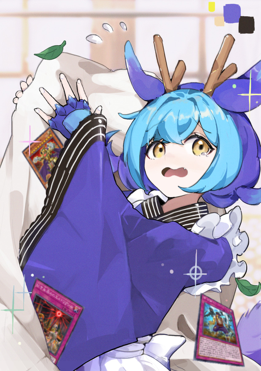1girl apron bed_sheet blue_hair blue_kimono card_game dragon_girl dragon_horns dragon_tail duel_monster eastern_dragon_horns eldlich_the_golden_lord fingerless_gloves frilled_apron frills gloves hair_between_eyes highres holding holding_sheet horns huaquero_of_the_golden_land japanese_clothes kimono laundry_dragonmaid leaf long_sleeves maid maid_apron open_mouth short_twintails siguma_(13238772100) sleeves_past_wrists solo tail tears twintails wa_maid white_apron yellow_eyes yu-gi-oh!