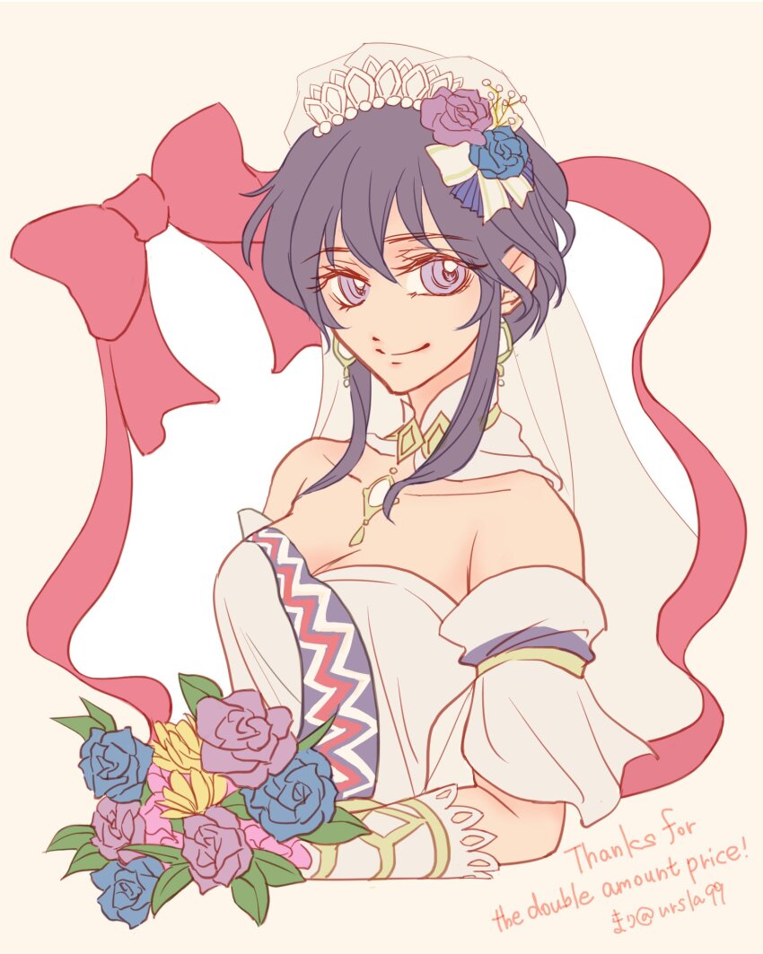 1girl black_hair blue_flower blue_rose bouquet bracer breasts bridal_veil bride brooch choker cleavage commission commissioner_upload dress earrings fire_emblem fire_emblem:_genealogy_of_the_holy_war fire_emblem_heroes flower hair_flower hair_ornament highres holding holding_bouquet jewelry larcei_(bride_of_astra)_(fire_emblem) larcei_(fire_emblem) looking_to_the_side medium_breasts nintendo official_alternate_costume purple_eyes purple_flower purple_rose ribbon rose short_hair sidelocks skeb_commission smile solo strapless strapless_dress tiara ursla99 veil wedding_dress yellow_flower