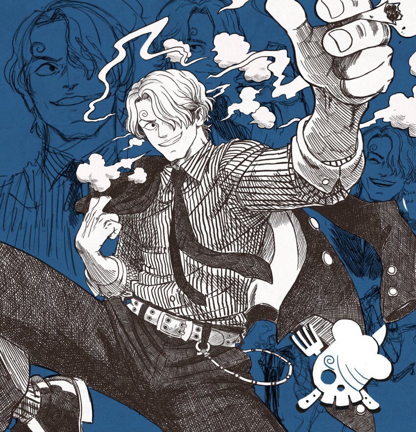 1boy aten_man belt blue_background cigarette collared_shirt curly_eyebrows formal_clothes greyscale grin hair_over_one_eye hand_up highres holding holding_cigarette jacket jacket_over_shoulder jolly_roger long_sleeves looking_at_viewer male_focus monochrome multiple_views necktie one_piece one_piece_(live_action) outstretched_hand pants pinstripe_pattern pinstripe_shirt sanji_(one_piece) shirt short_hair skull_and_crossbones sleeves_rolled_up smile smoke smoke_trail solo solo_focus suit suit_jacket unworn_jacket