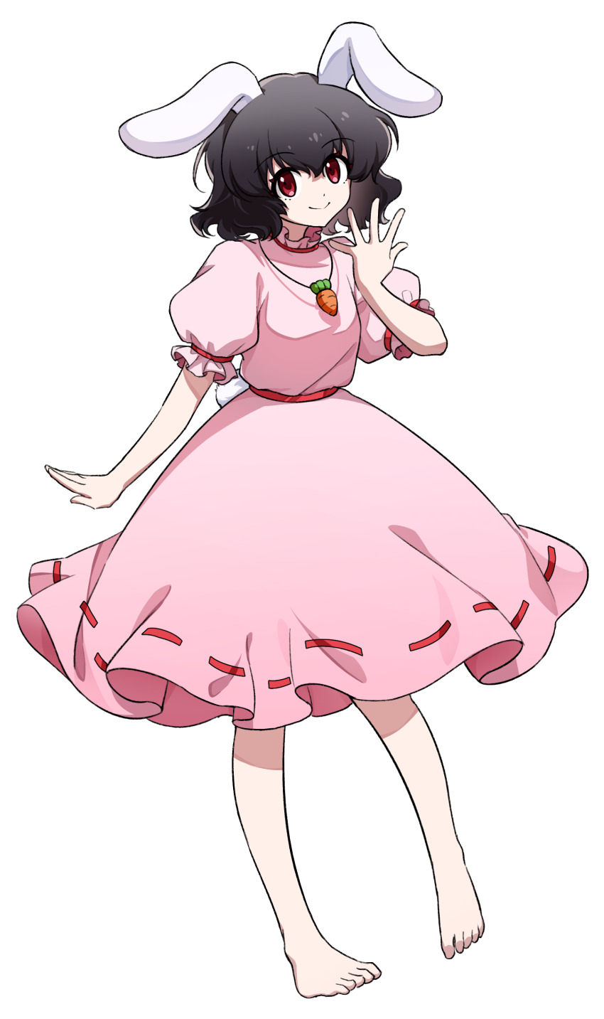 1girl absurdres animal_ears artist_request barefoot black_hair carrot_necklace closed_mouth commentary commentary_request dress english_commentary floppy_ears full_body highres inaba_tewi jewelry looking_at_viewer medium_hair mixed-language_commentary necklace pendant pink_dress psd_available puffy_short_sleeves puffy_sleeves rabbit_ears rabbit_girl rabbit_tail red_eyes ribbon-trimmed_dress ribbon_trim second-party_source short_sleeves smile solo tachi-e tail toes touhou transparent_background